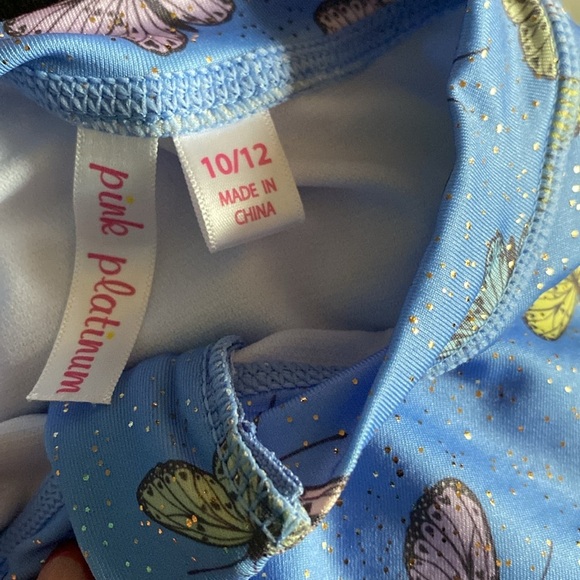 Pink Platinum One-piece shine Swimsuit Blue Butterfly 3/4 Sleeve size 10/12​ - Picture 3 of 3